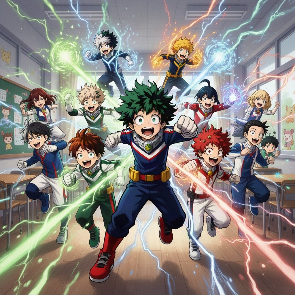 A vibrant, dynamic scene featuring a diverse group of anime characters from Class 1A, showcasing their unique superpowers and personalities