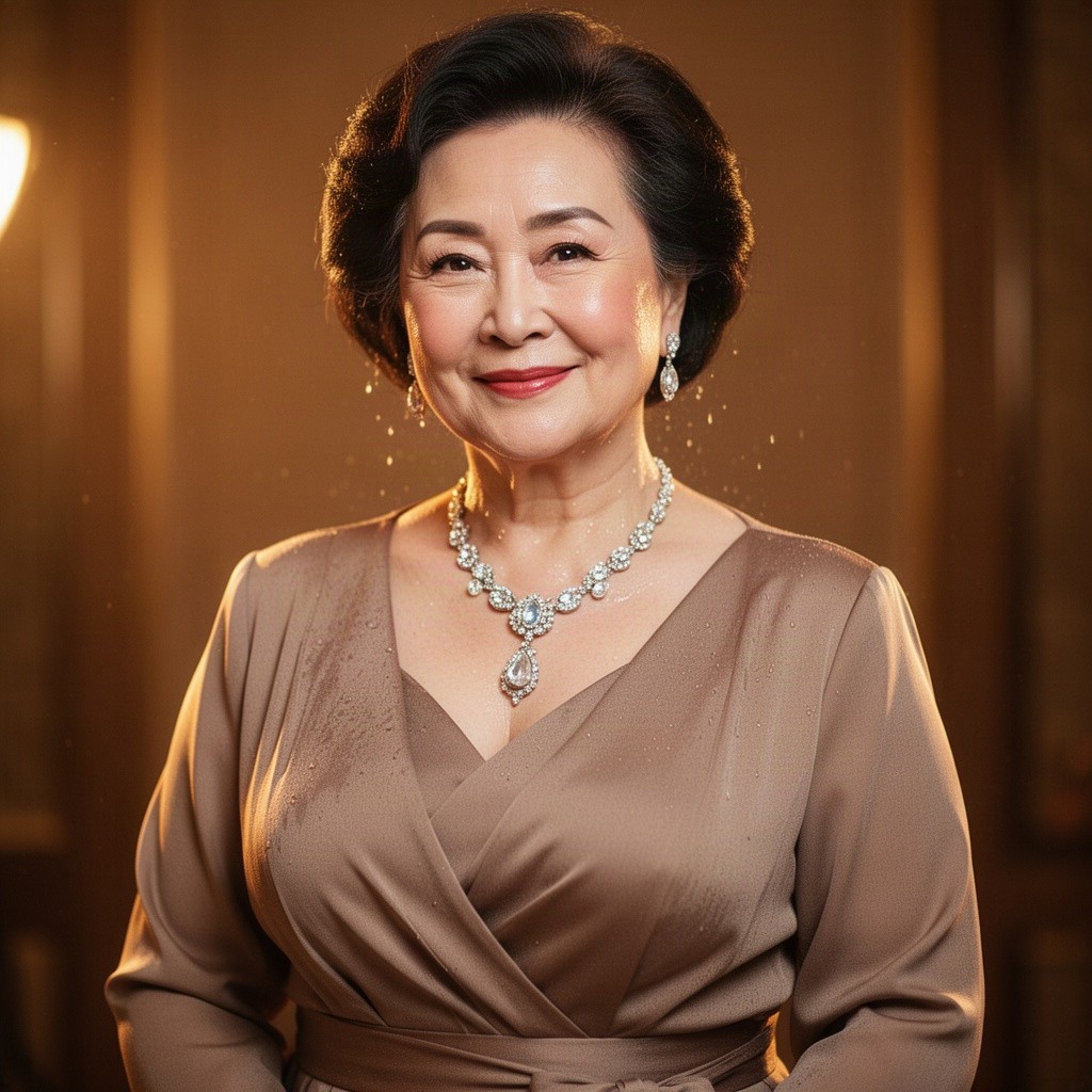 A beautiful 50-year-old Chinese woman with a charming, curvy figure, confidently standing under warm lighting