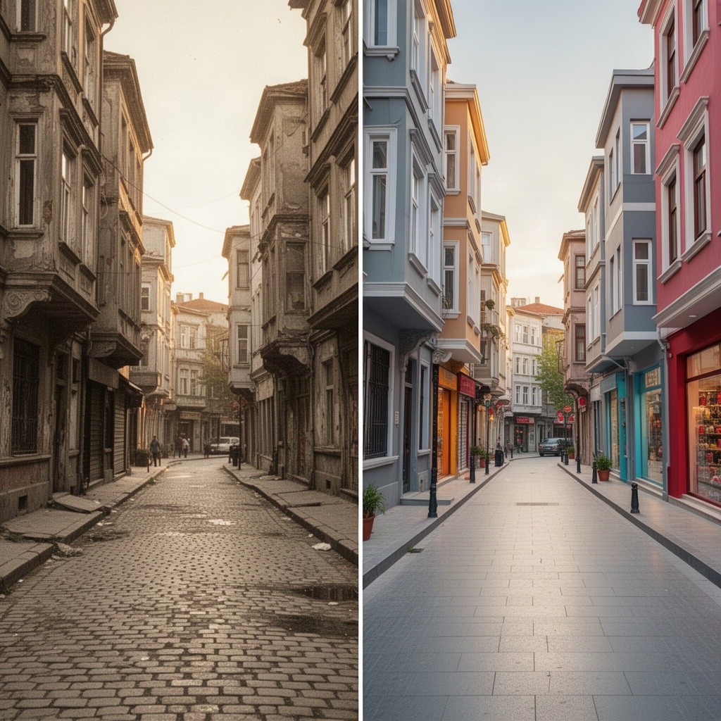 A side by side comparison of a street in Istanbul, featuring the neighborhood setting in the 1990s on one side and the present day on the other