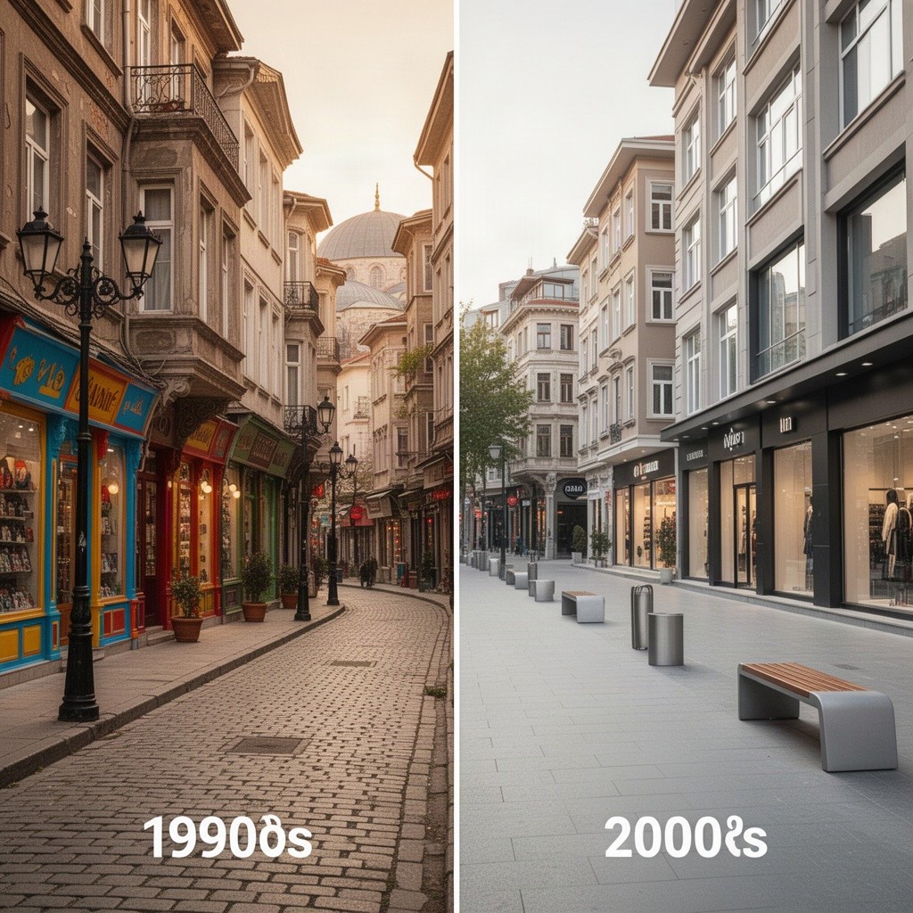 A street in Istanbul showcasing a side-by-side comparison of the 1990s and the 2000s