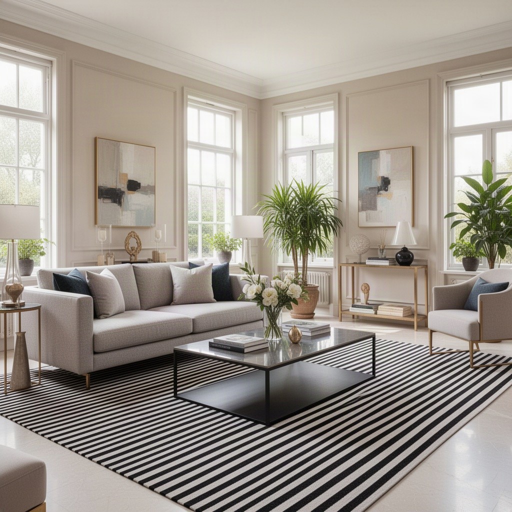 An elegant living room showcasing a beautifully designed interior with a modern sofa and a sleek coffee table