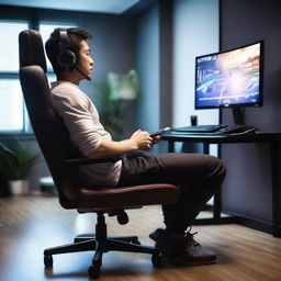 A focused Indonesian man comfortably seated in a high-tech gaming chair, deeply absorbed in intense gameplay