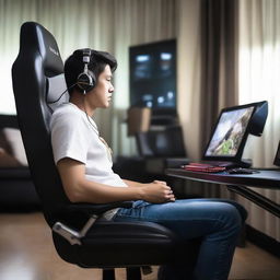 A focused Indonesian man comfortably seated in a high-tech gaming chair, deeply absorbed in intense gameplay