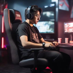 A focused Indonesian man comfortably seated in a high-tech gaming chair, deeply absorbed in intense gameplay