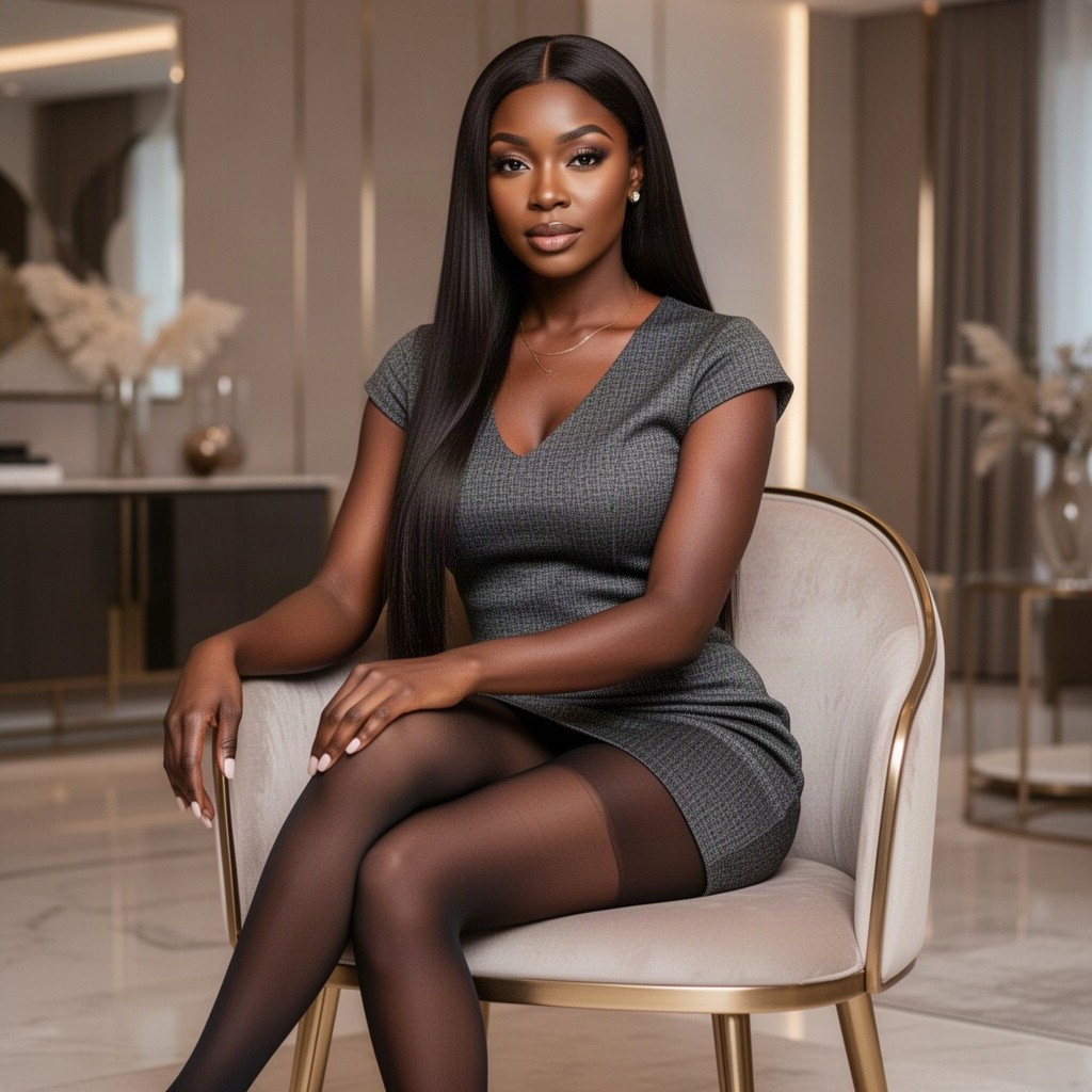 A stunning black woman with long, straight hair, elegantly styled, seated on a stylish chair