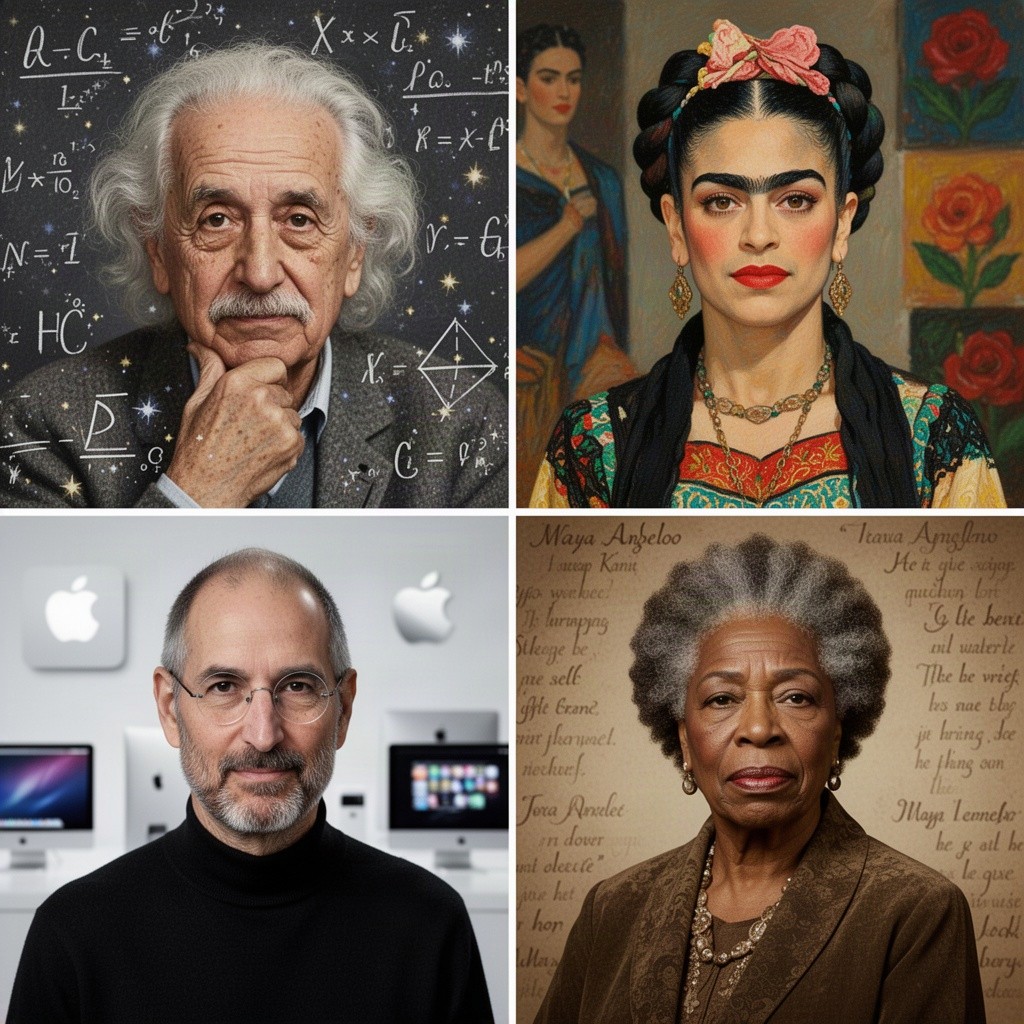 Four portraits capturing the essence of four notable historical figures who passed away, each portrayed in an atmosphere that reflects their legacy