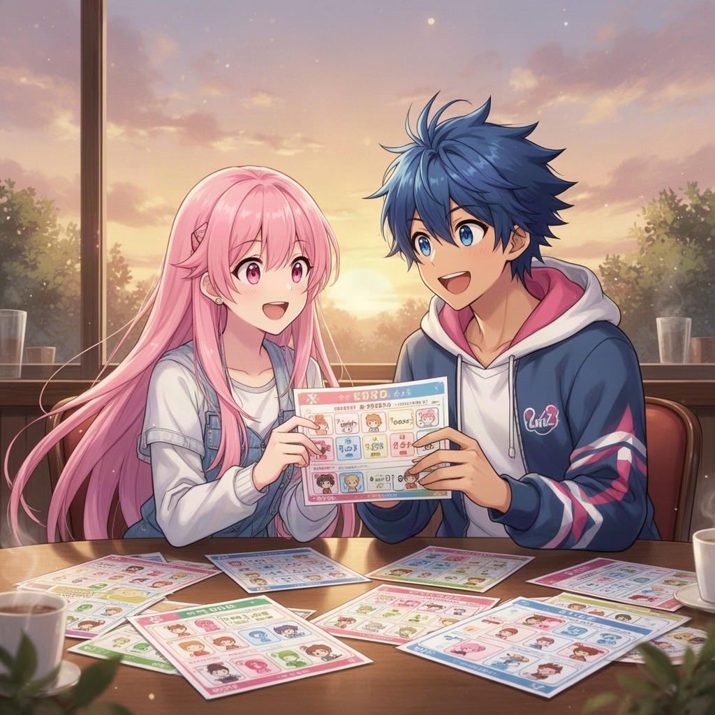 A vibrant anime-themed quiz scene featuring a couple sitting together at a cafe, surrounded by various colorful quiz question papers scattered on the table