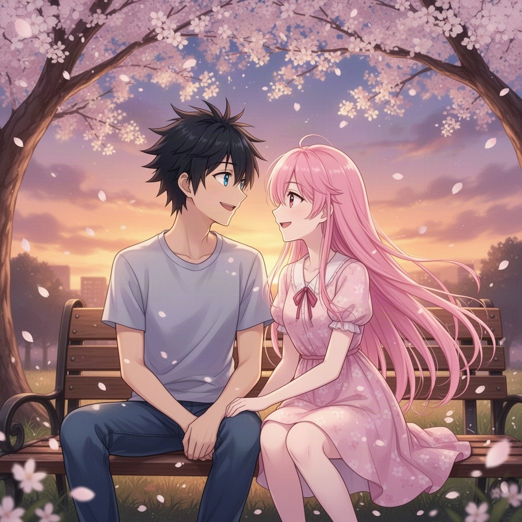 A romantic anime scene featuring a couple sharing a quiet moment together
