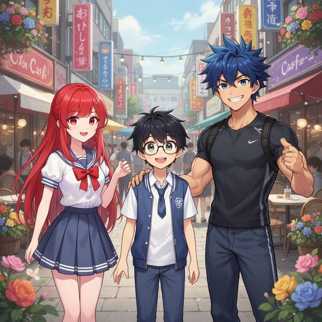 An illustration of a young adult casually exploring romantic options among various anime characters