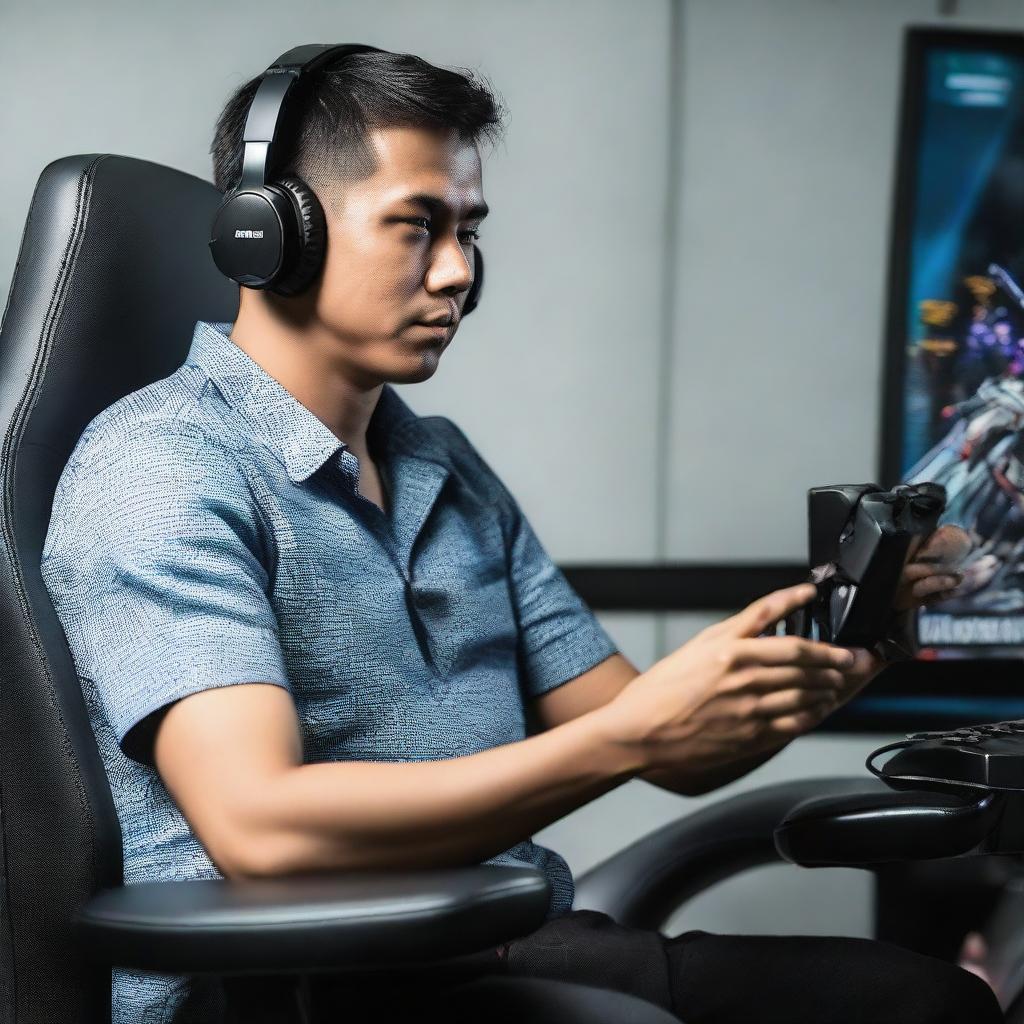 A focused Indonesian man comfortably seated in a high-tech gaming chair, deeply absorbed in intense gameplay