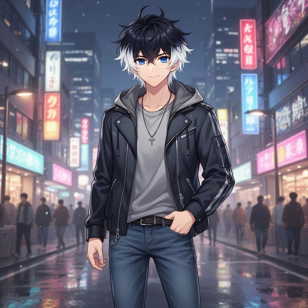 A handsome young 18-year-old anime boy with striking raven black hair that transitions into white ombre tips, deep royal blue eyes that radiate confidence and charm, dressed in a stylish yet casual outfit with a cool jacket and fitted jeans, standing confidently in an urban environment with vibrant city lights and a lively background, exuding a sense of adventure and youthful energy