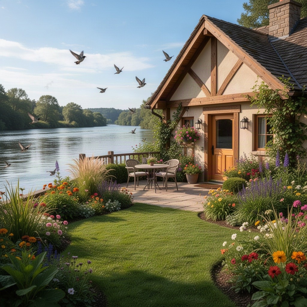 A charming riverside cottage featuring a cozy patio overlooking a lush green grassbed