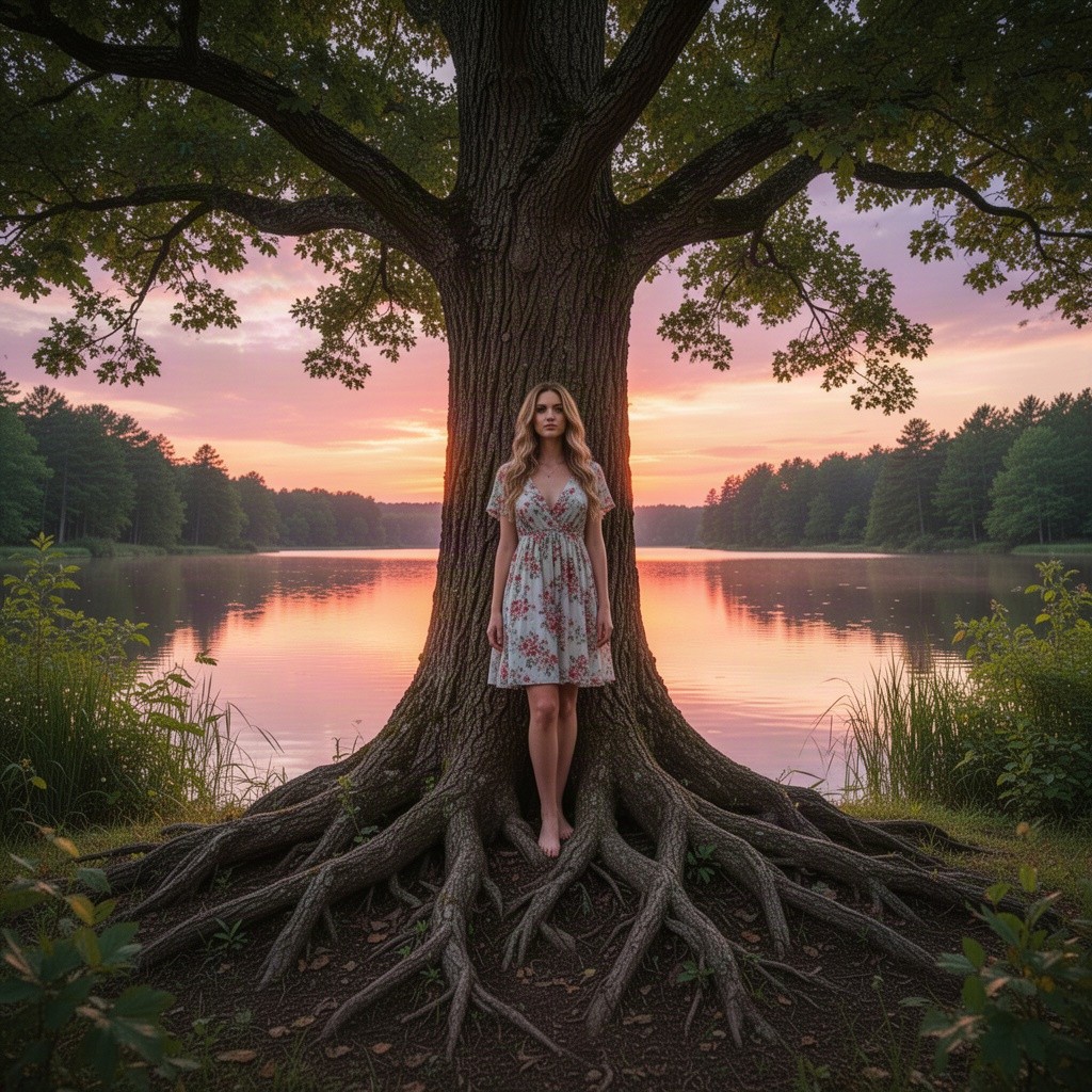A beautiful woman stands in the trunk of a tree, with its roots sprawling around her, set against a stunning sunset by a lake