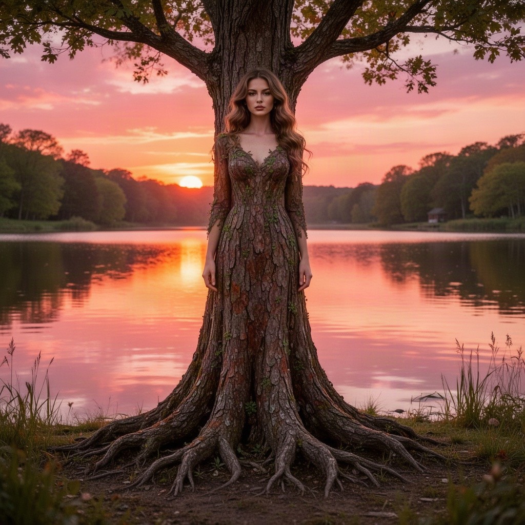 A beautiful woman standing in a long dress resembling a tree trunk, with flared roots, at sunset by a lake