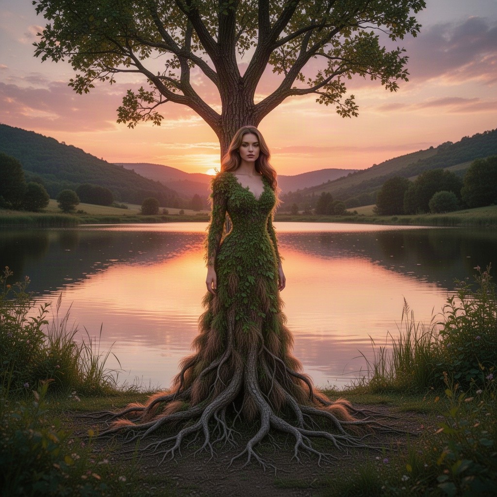 A beautiful woman stands gracefully in a long dress resembling a tree, with fluffy roots and no branches or leaves, during a sunset at a lake