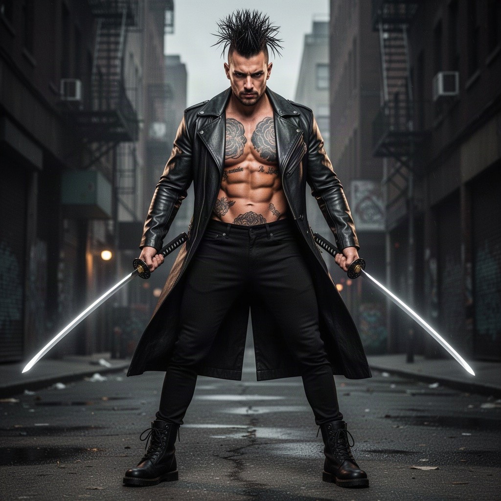 A confident man with a messy black faux hawk hairstyle, wearing a stylish long leather jacket that reveals his tattooed arms and muscular, tattooed chest and abs