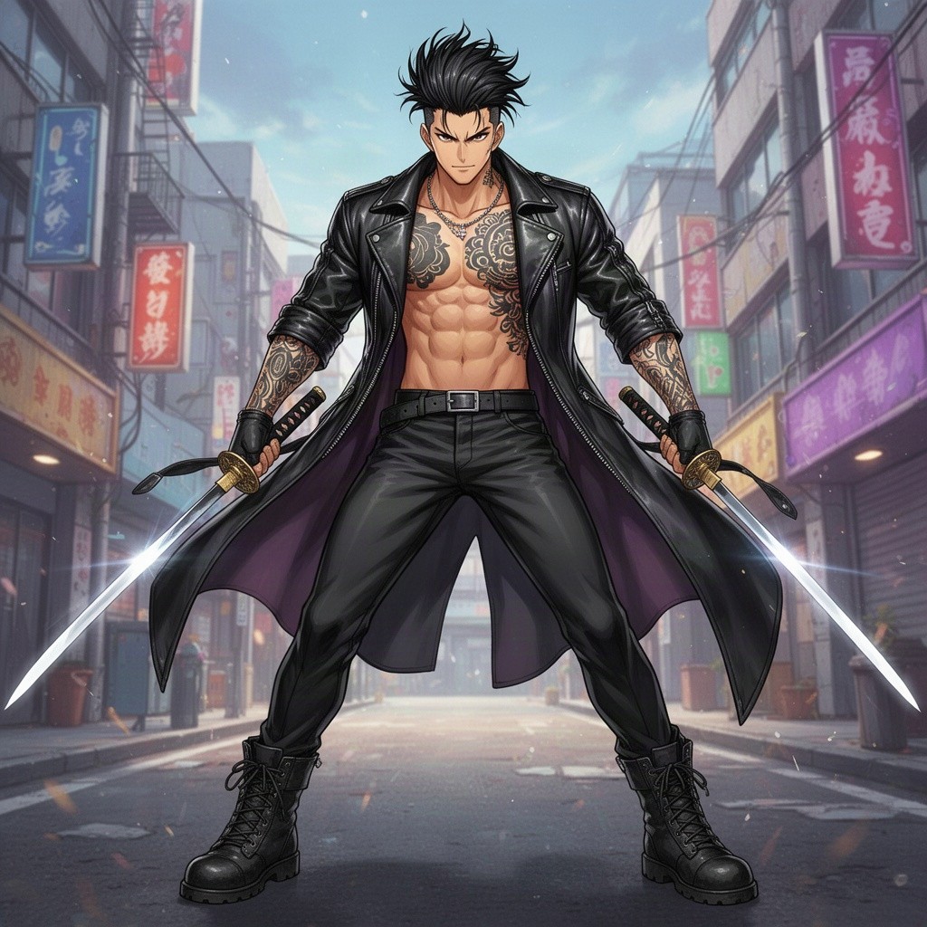 An anime-style illustration of a confident man with a messy black faux hawk hairstyle, wearing a stylish long leather jacket that reveals his tattooed arms and toned tattooed chest and abs