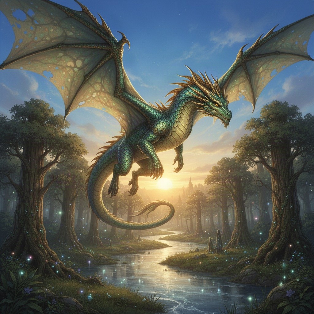 A majestic dragon soaring through a bright blue sky, its scales shimmering in iridescent hues of green and gold