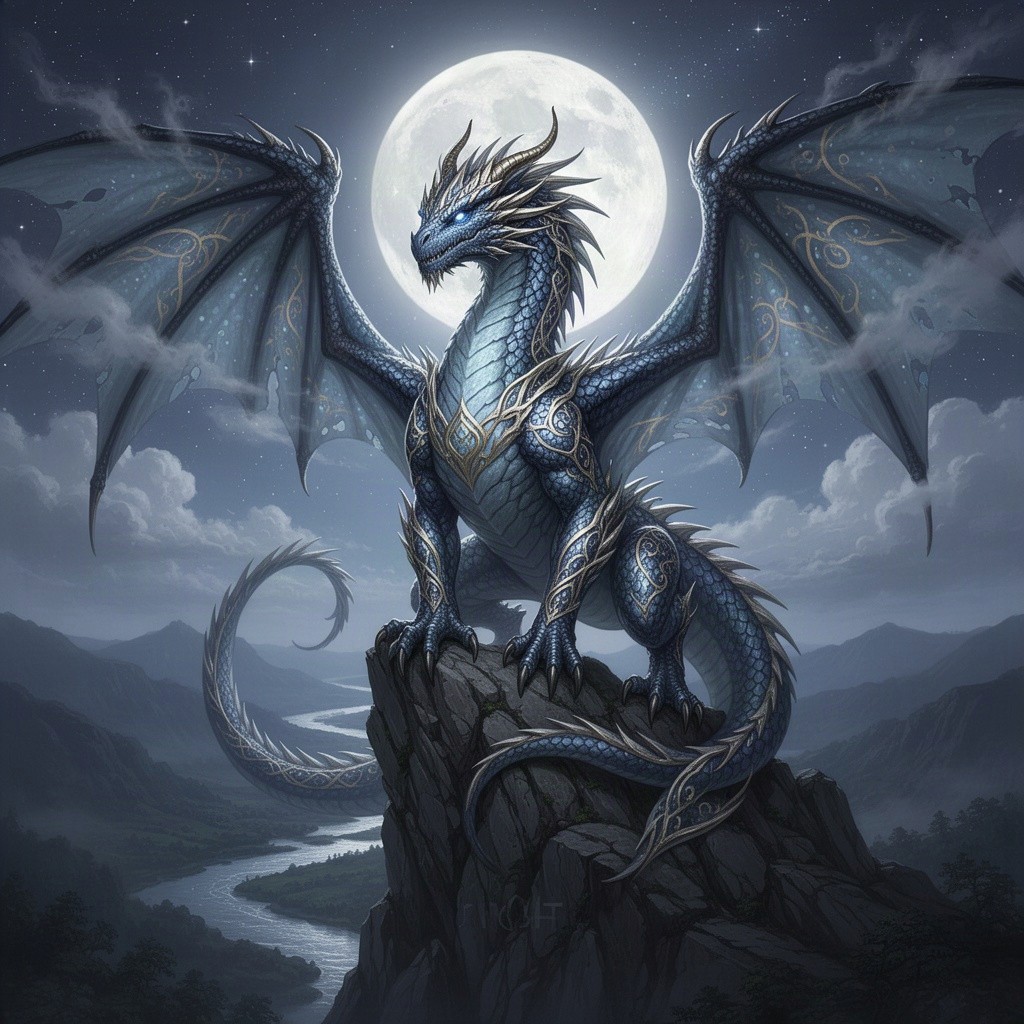 A powerful and regal dragon king perched atop a rocky cliff under a luminous full moon, casting a silvery glow over the scene