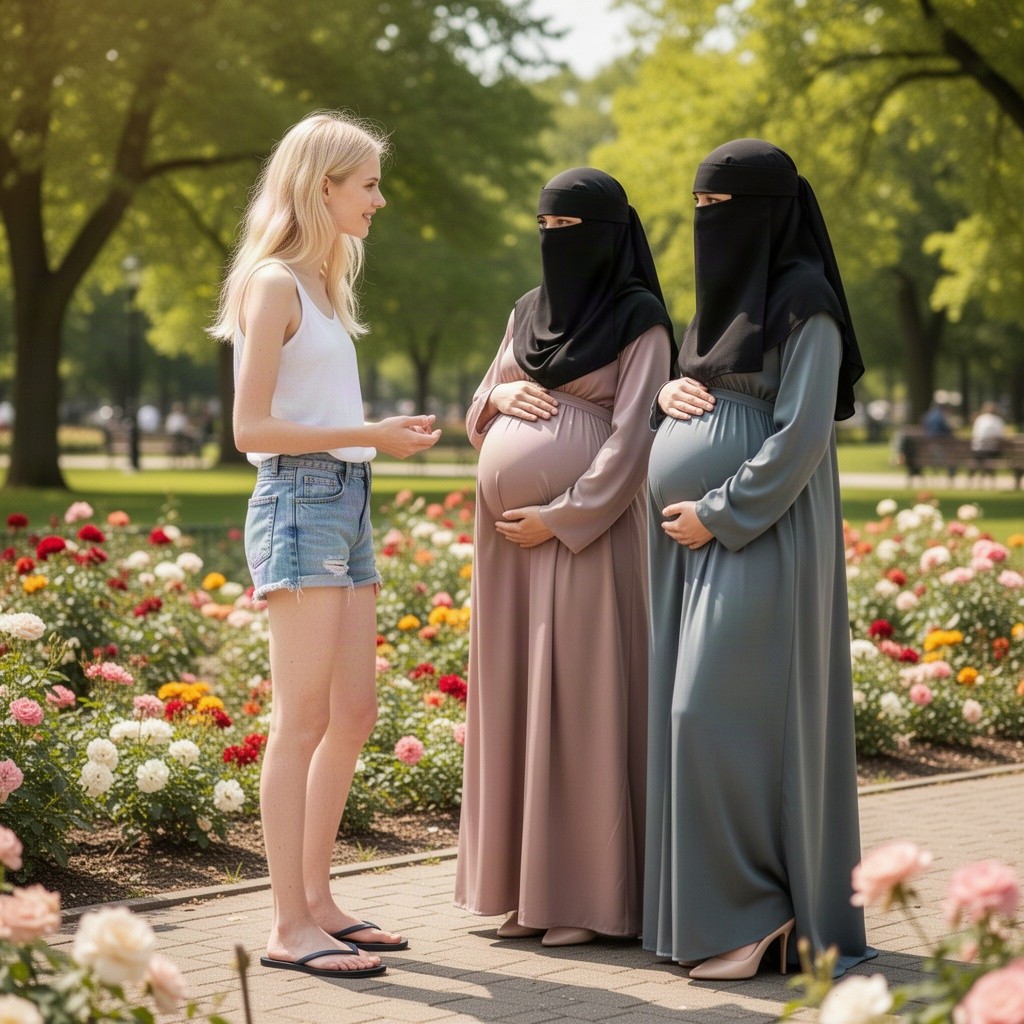 A skinny blonde young woman wearing casual summer attire and flip flops, gently looking after two high-heeled pregnant hijabi women dressed in elegant niqab