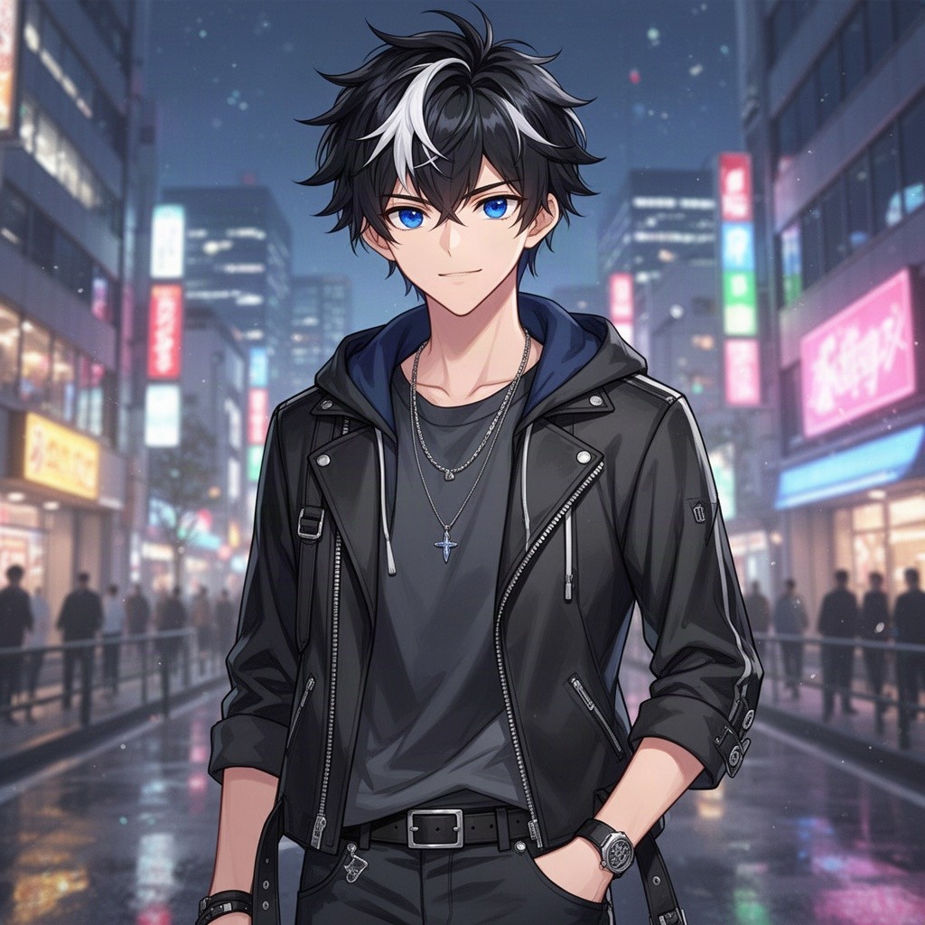 A handsome young 18-year-old anime boy with striking raven black hair accentuated by bold white highlights, his deep royal blue eyes sparkling with charisma and determination