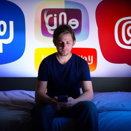 A man in his 20s scrolling through social media on his phone, sitting on a bed, with a backdrop featuring the original logos of Instagram and YouTube.