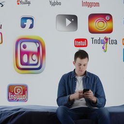 A man in his 20s scrolling through social media on his phone, sitting on a bed, with a backdrop featuring the original logos of Instagram and YouTube.