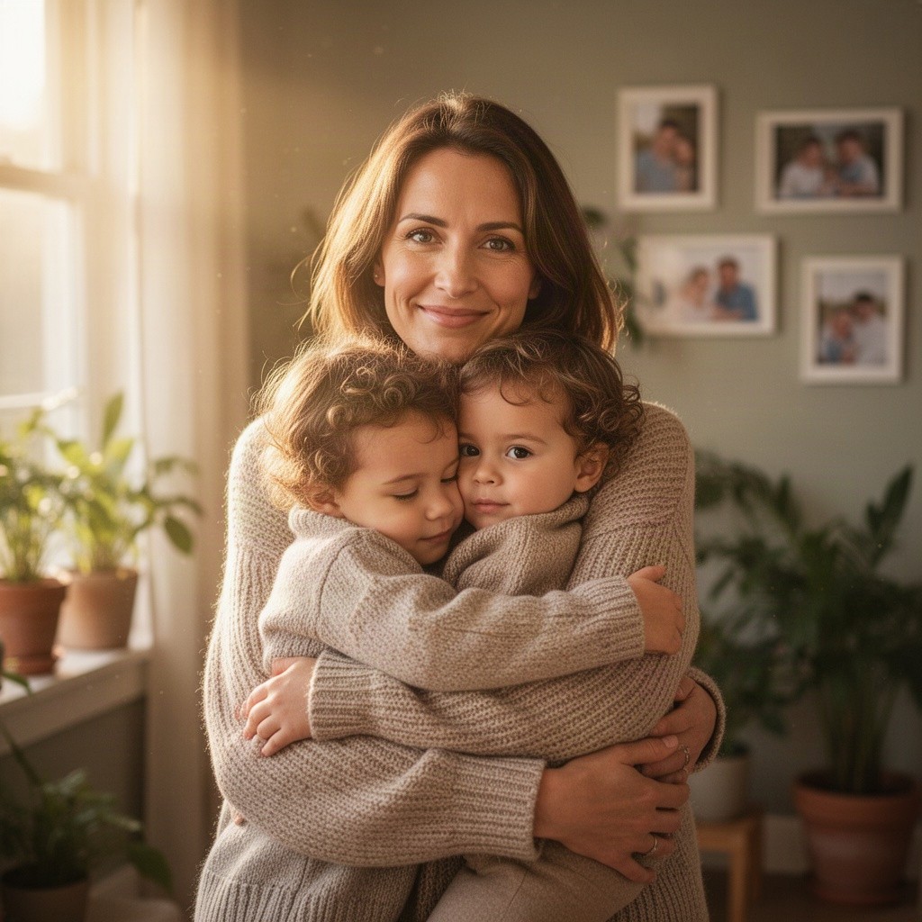 A warm and loving portrait of a mother holding her child in a serene home environment