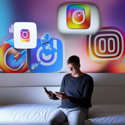 A man in his 20s scrolling through social media on his phone, sitting on a bed, with a backdrop featuring the original logos of Instagram and YouTube.