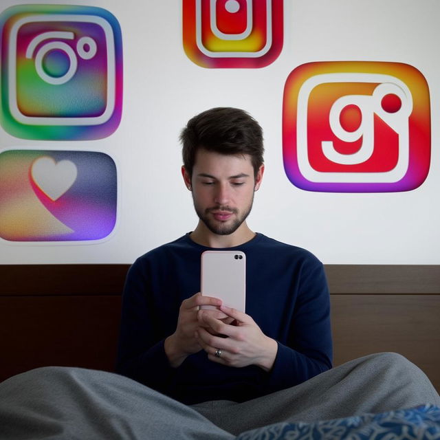 A man in his 20s scrolling through social media on his phone, sitting on a bed, with a backdrop featuring the original logos of Instagram and YouTube.