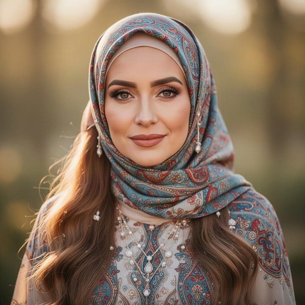 A beautiful portrait of a woman wearing a stylish hijab, showcasing intricate patterns and vibrant colors