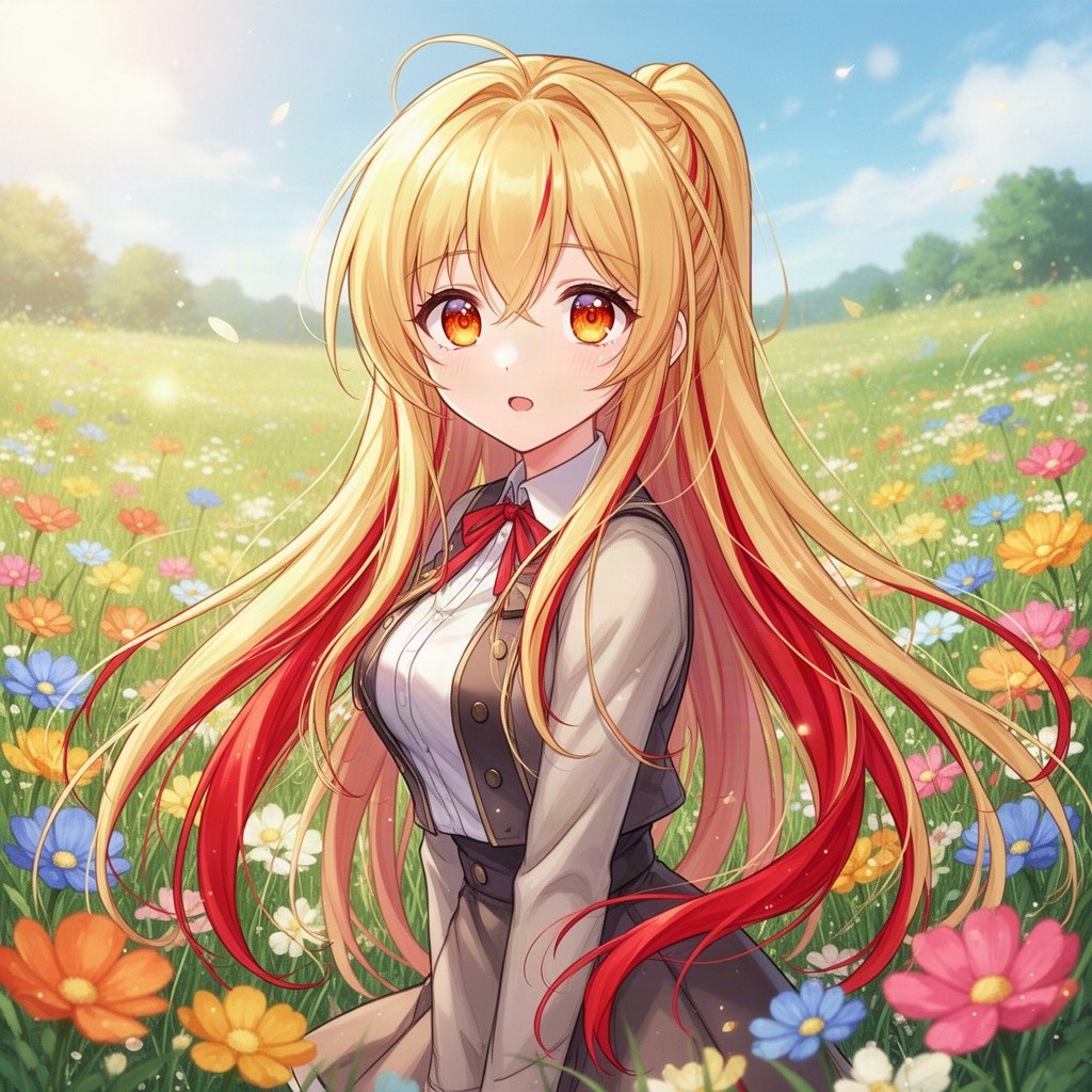 A beautiful young 17-year-old anime girl with long, flowing golden blonde hair featuring vivid red highlights that cascade elegantly down her back, mesmerizing orange eyes that sparkle with life and curiosity