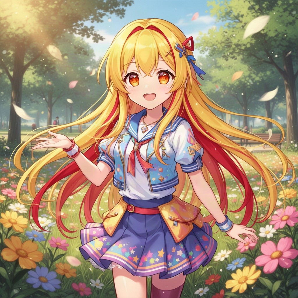 A beautiful young 17-year-old anime girl with long, flowing golden yellow hair accented with vivid red highlights that shimmer in the light, captivating orange eyes that sparkle with energy and enthusiasm