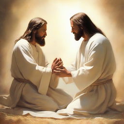 A compassionate illustration of Jesus Christ, cloaked in divine light, extending a forgiving hand to a repentant sinner kneeling in humility and devotion.