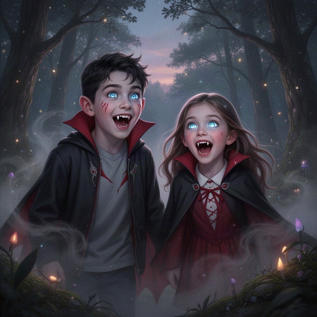 A 13-year-old boy and a 12-year-old girl experiencing a captivating transformation into vampires