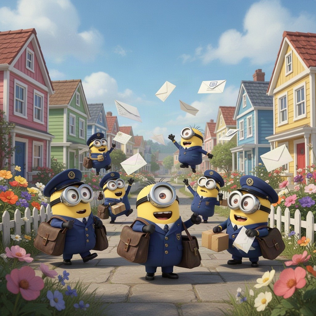 A fun and whimsical illustration featuring a group of Minions dressed as postmen, happily delivering letters and packages