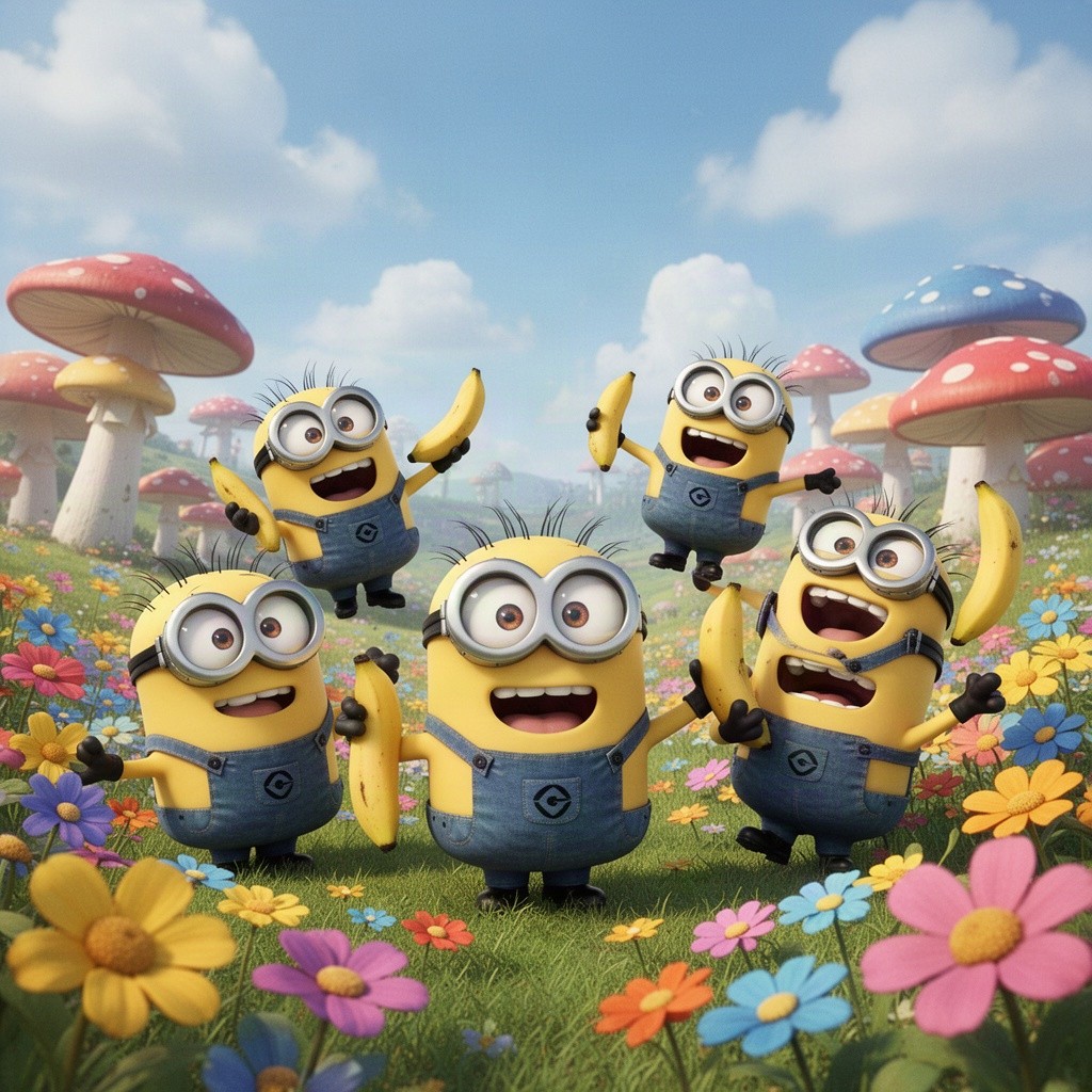 A group of cheerful, cartoonish Minions engaged in playful antics, surrounded by a colorful, whimsical landscape filled with bright flowers and oversized mushrooms