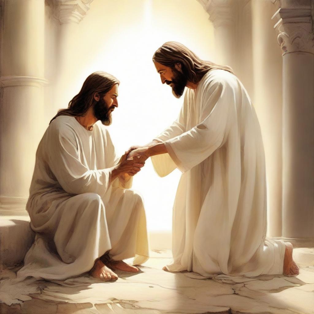 A compassionate illustration of Jesus Christ, cloaked in divine light, extending a forgiving hand to a repentant sinner kneeling in humility and devotion.