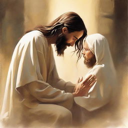 A compassionate illustration of Jesus Christ, cloaked in divine light, extending a forgiving hand to a repentant sinner kneeling in humility and devotion.