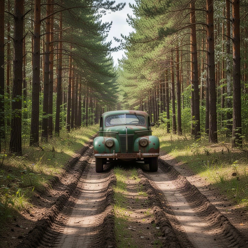 A vintage 1946 Moskvich-400 car, painted green and showing signs of rust, driving along a deeply rutted forest road
