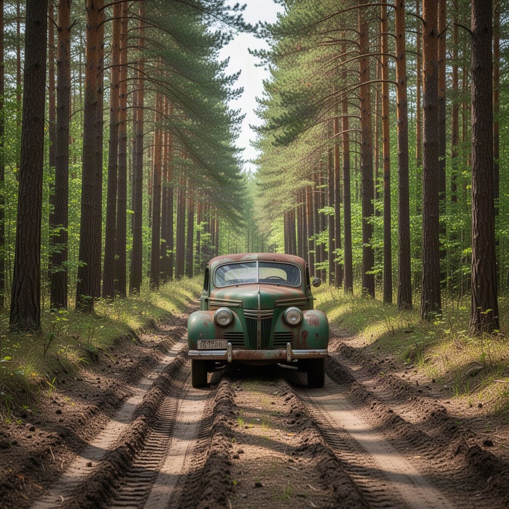 A vintage 1946 Moskvich-400 car, painted green with a weathered appearance due to rust, makes its way down a deeply rutted forest road