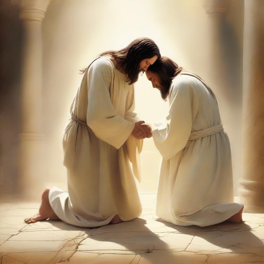 A compassionate illustration of Jesus Christ, cloaked in divine light, extending a forgiving hand to a repentant sinner kneeling in humility and devotion.