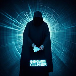 A hacker, cloaked in darkness with a distinctive black hat, stands in the middle of a lit circle. He is holding a piece of paper with 'bxcloner' visibly written on it.