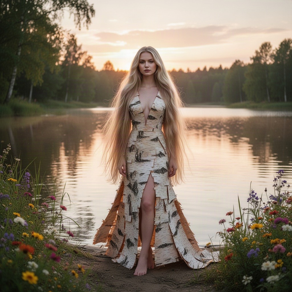 A young woman with long, flowing blonde hair down to her waist, wearing an open dress made of birch bark, stands by the shore of a picturesque lake at sunrise