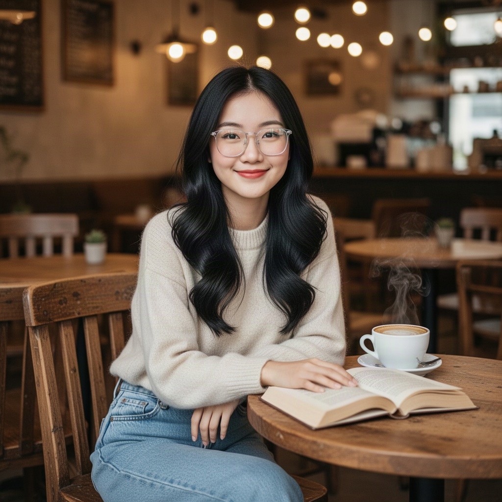 A stylish Asian girl wearing trendy glasses, with long black hair styled in soft waves