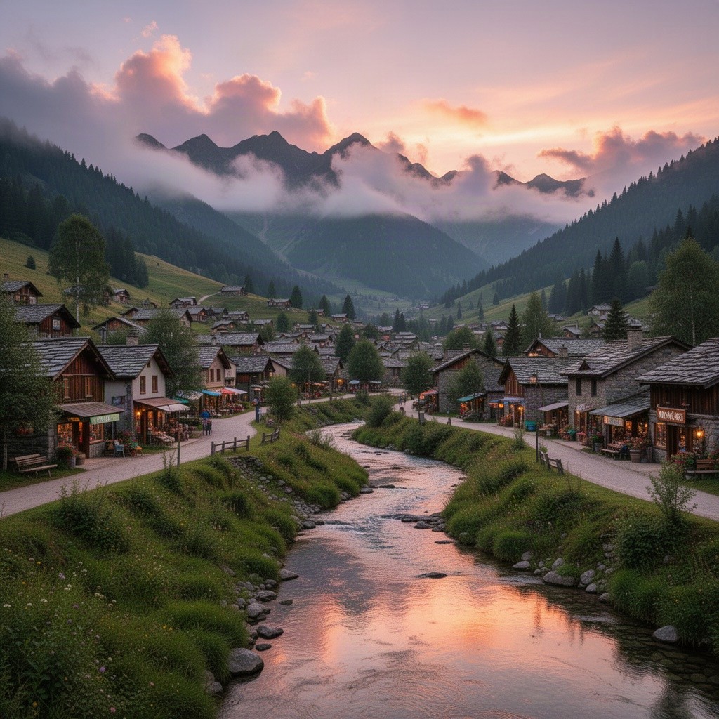 A picturesque mountain landscape featuring a charming, rustic town nestled among the hills