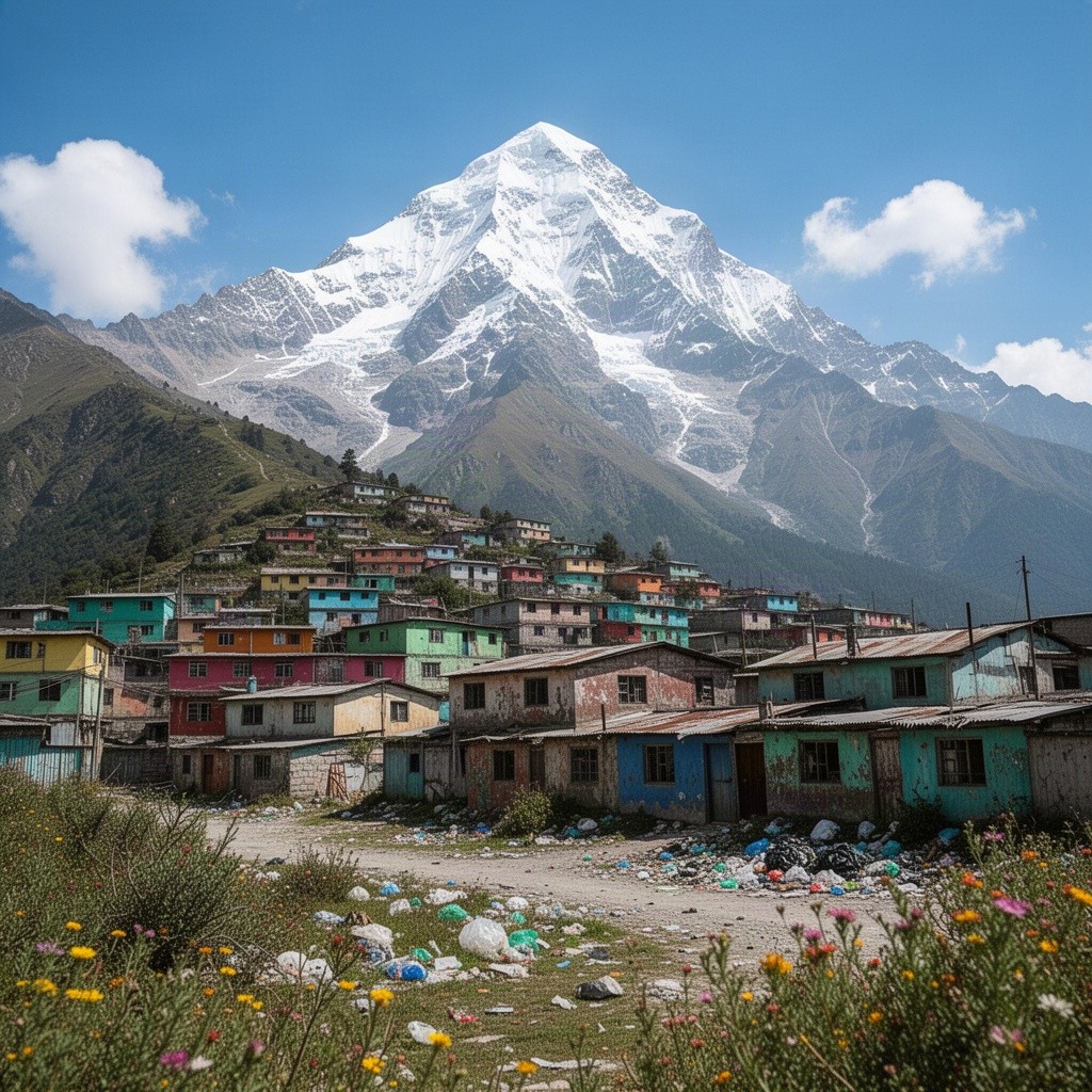A tall, majestic mountain soaring high into the sky, its peaks capped with pristine white snow