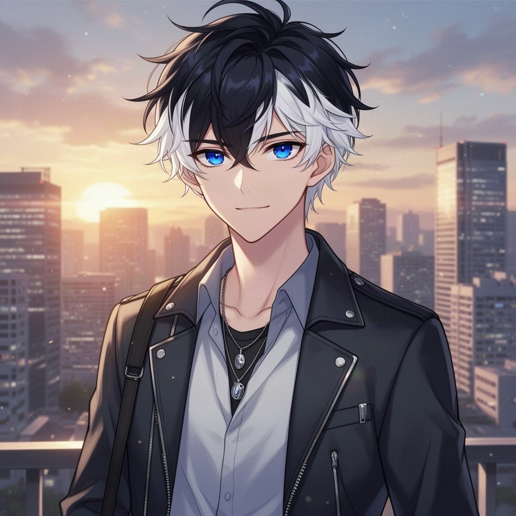 A handsome young 18-year-old anime boy with striking raven black hair that elegantly transitions into white tips, his deep royal blue eyes sparkling with charisma and confidence