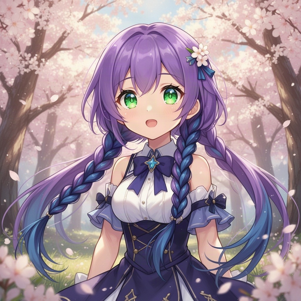 A beautiful young anime girl, appearing youthful and vibrant, with long purple hair featuring vivid dark blue highlights elegantly tied in long twin braids