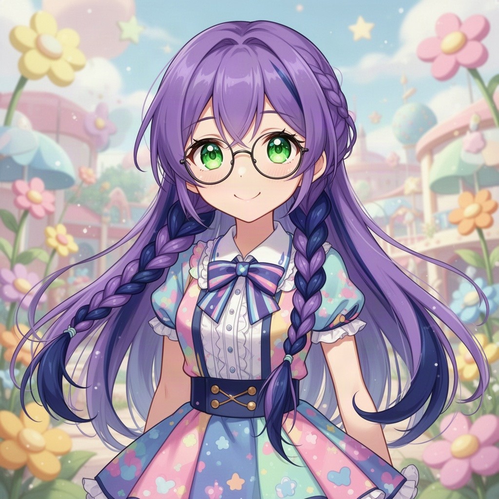 A beautiful young 17-year-old anime girl with long, flowing purple hair featuring vivid dark blue highlights, elegantly tied into long twin braids that frame her face